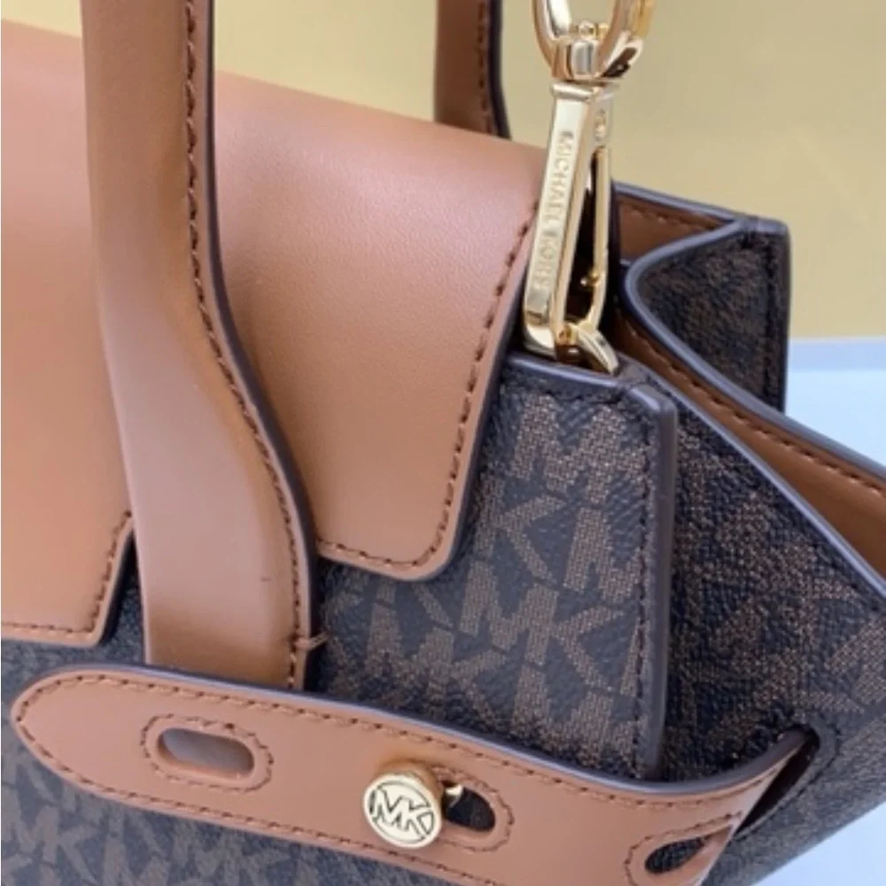 MICHAEL KORS Carmen Medium Faux Leather Belted Satchel Brown Signature color